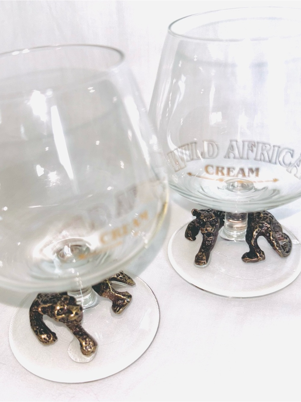 Wild Africa Cream Liqueur Glass Bronze Metal Leopard Pair 2 Small Glasses
